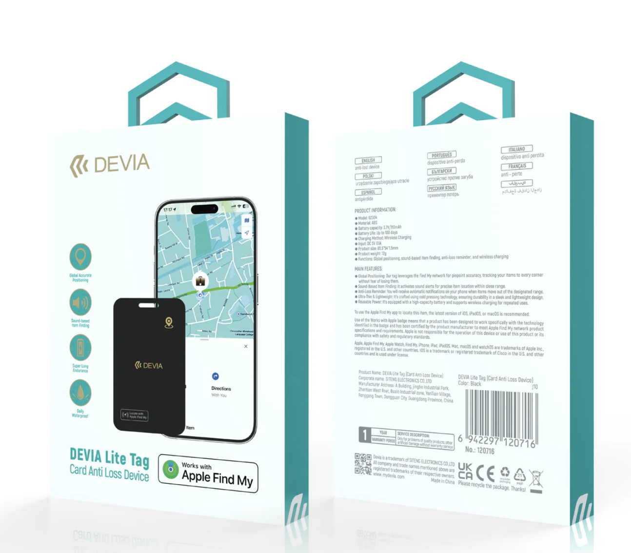 Caja oficial Devia Lite Tag con etiqueta Works with Apple Find My