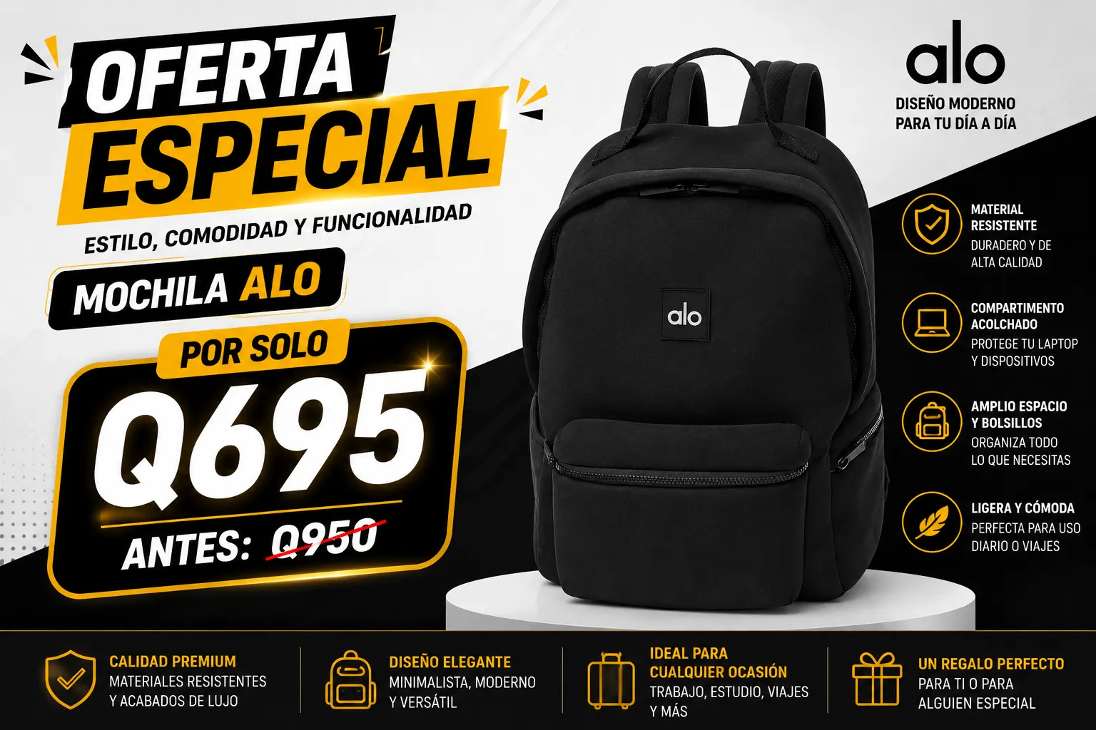Oferta especial Mochila ALO Neoprene Backpack por solo Q695 — antes Q950, envío gratis y pago contra entrega