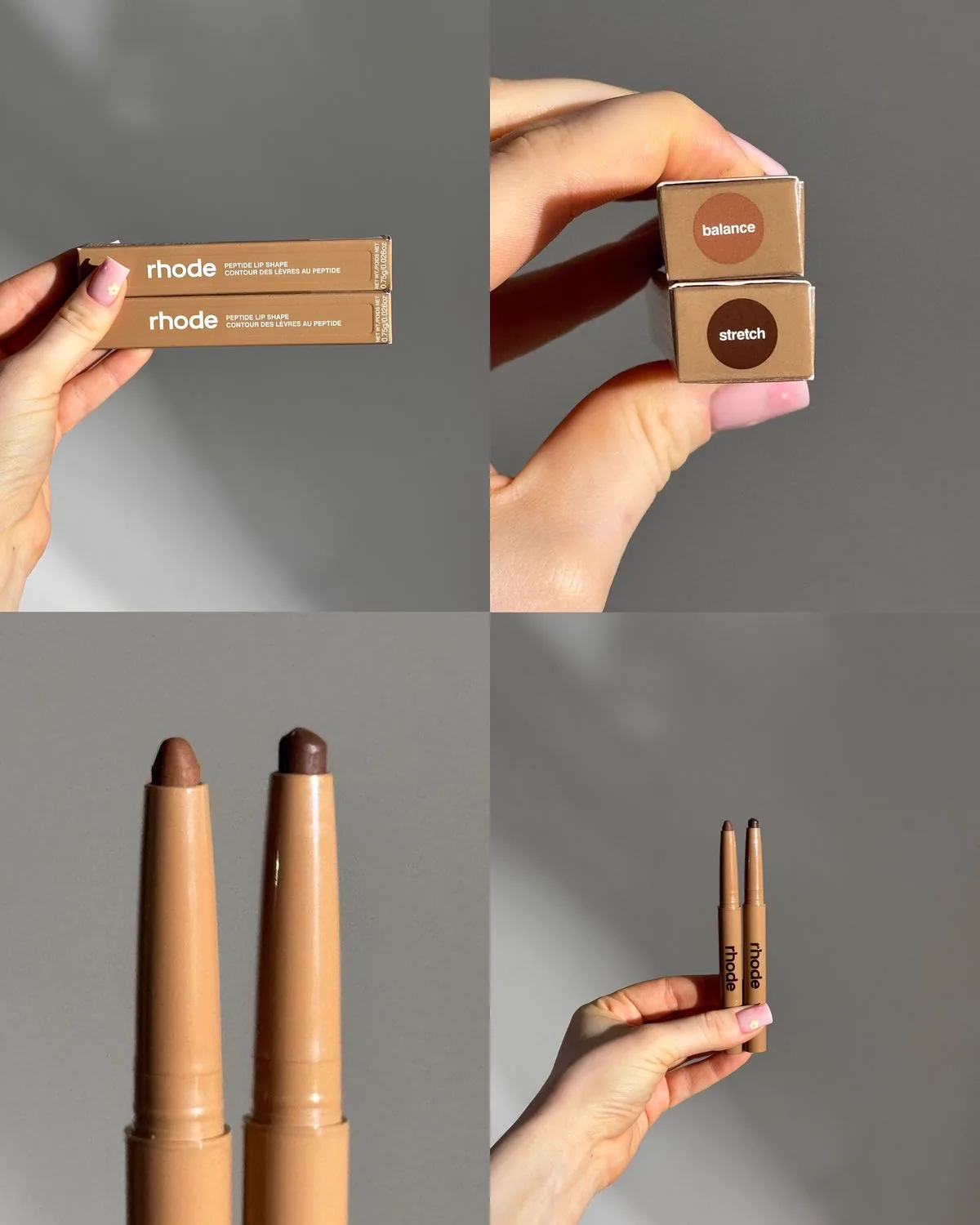 Fotos reales Rhode Peptide Lip Shape — empaque, tonos Balance y Stretch
