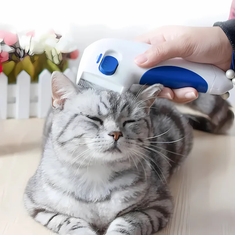 Gato relajado mientras se elimina sus pulgas con el peine eléctrico