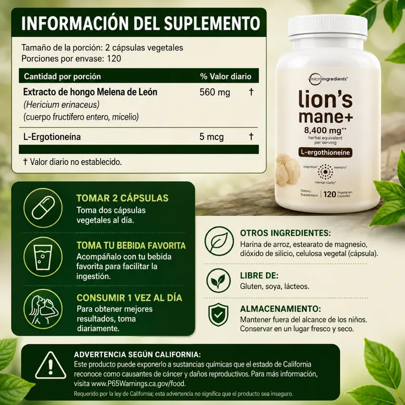 Tabla de información del suplemento Lion's Mane 8,400 mg