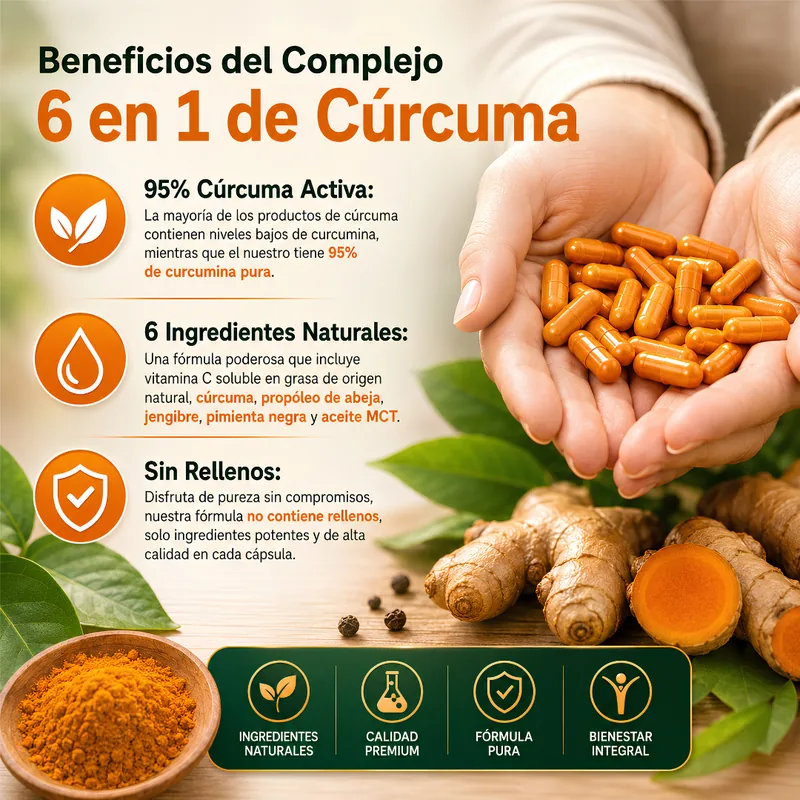 Beneficios del complejo 6 en 1 de cúrcuma: 95% cúrcuma activa, ingredientes naturales y sin rellenos