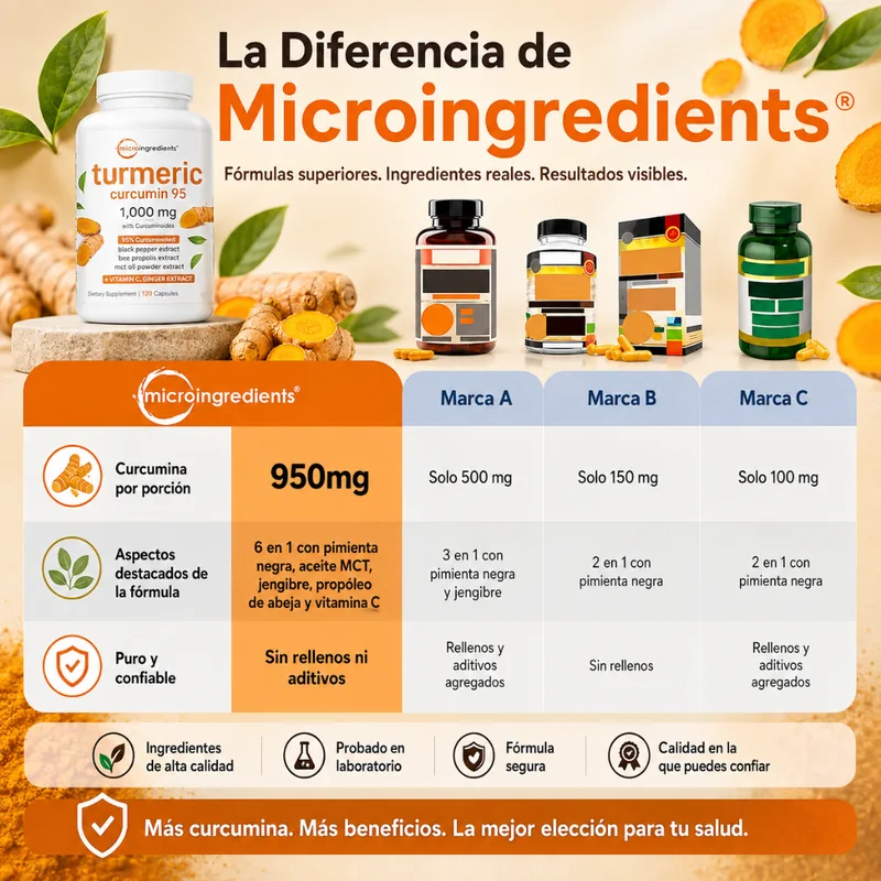 Comparativa: 950 mg de curcumina por porción frente a otras marcas con 100-500 mg