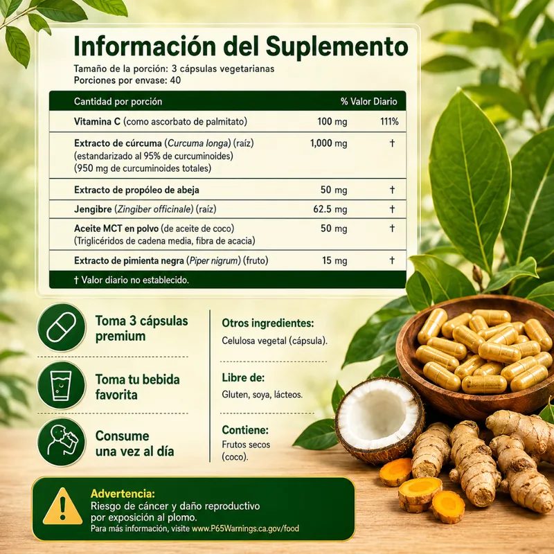 Información del suplemento: 1,000 mg de extracto de cúrcuma, jengibre, propóleo, aceite MCT, pimienta negra y vitamina C
