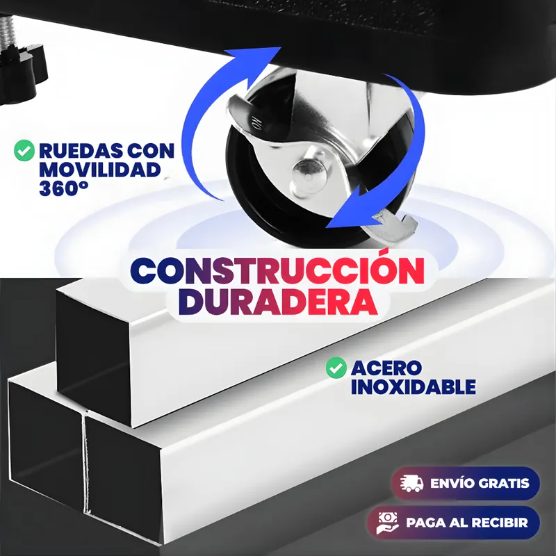Construcción duradera con ruedas 360° y perfiles de acero inoxidable